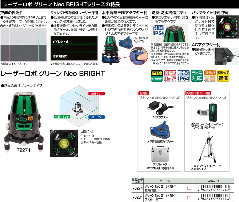 Shinwa Rules - シンワ測定 77354 レーザーロボ Neo21 BRIGHT 縦・横